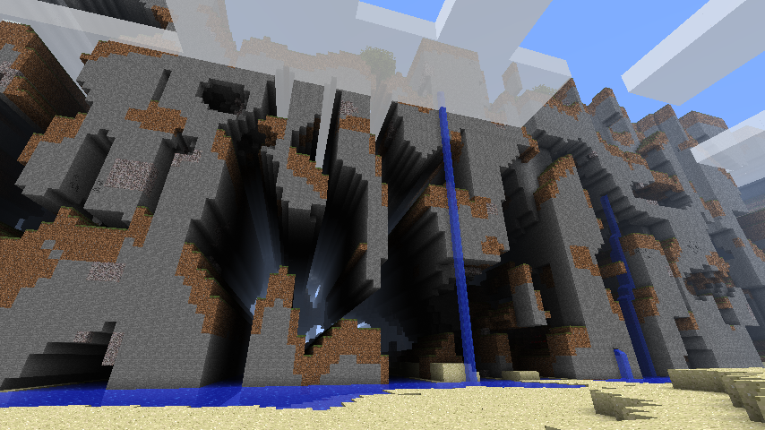 Far Lands terrain: the normal world far from spawn collapses into layered, broken floating structures and jagged fissures