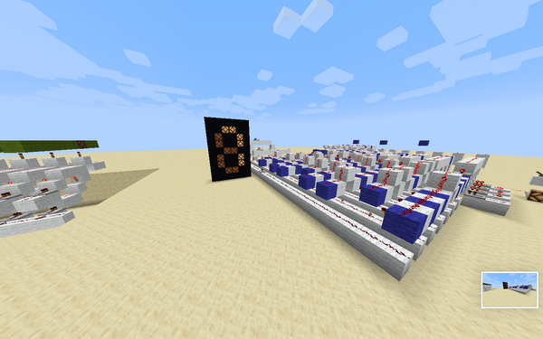 A redstone computer on flat desert ground: rows of repeated logic-circuit modules laid out along straight lines, a seven-segment display on a black panel showing a digit